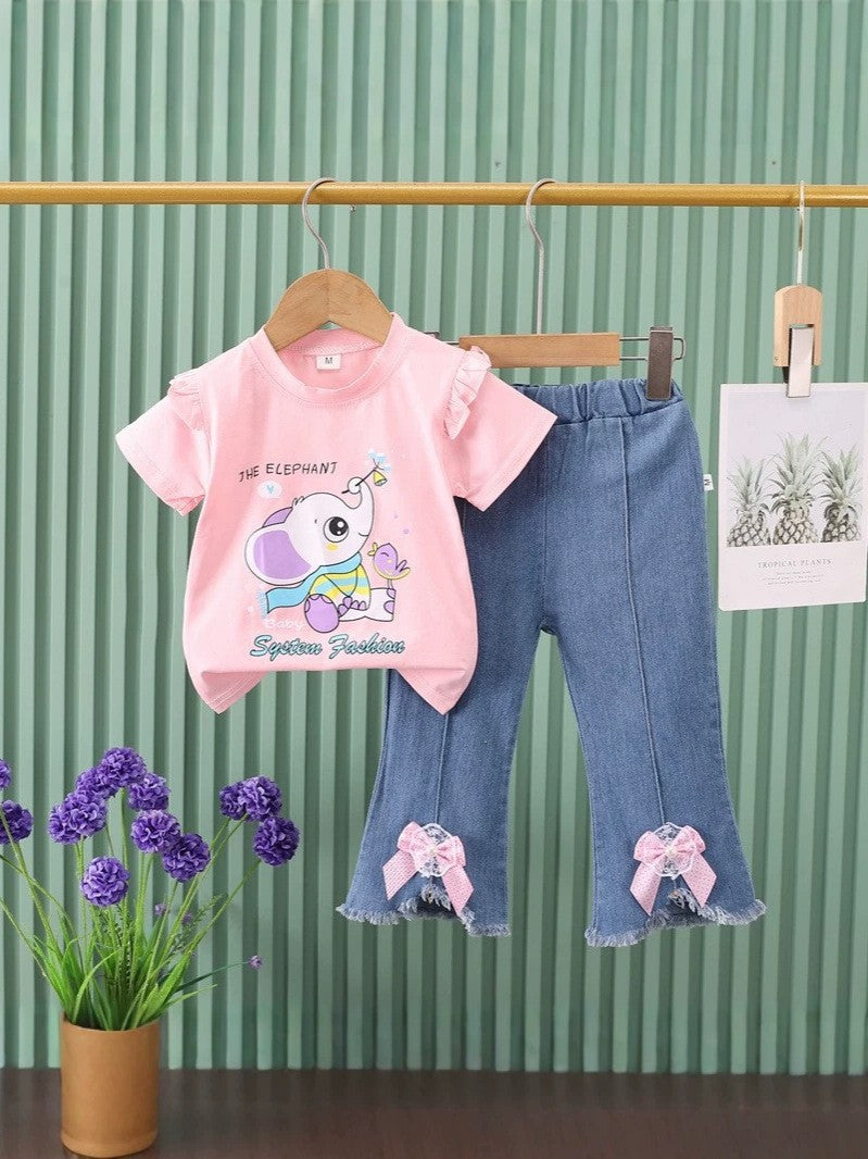Direct from the factory! girls' summer two-piece set: pink cartoon tee + bowknot denim shorts. ready to ship!