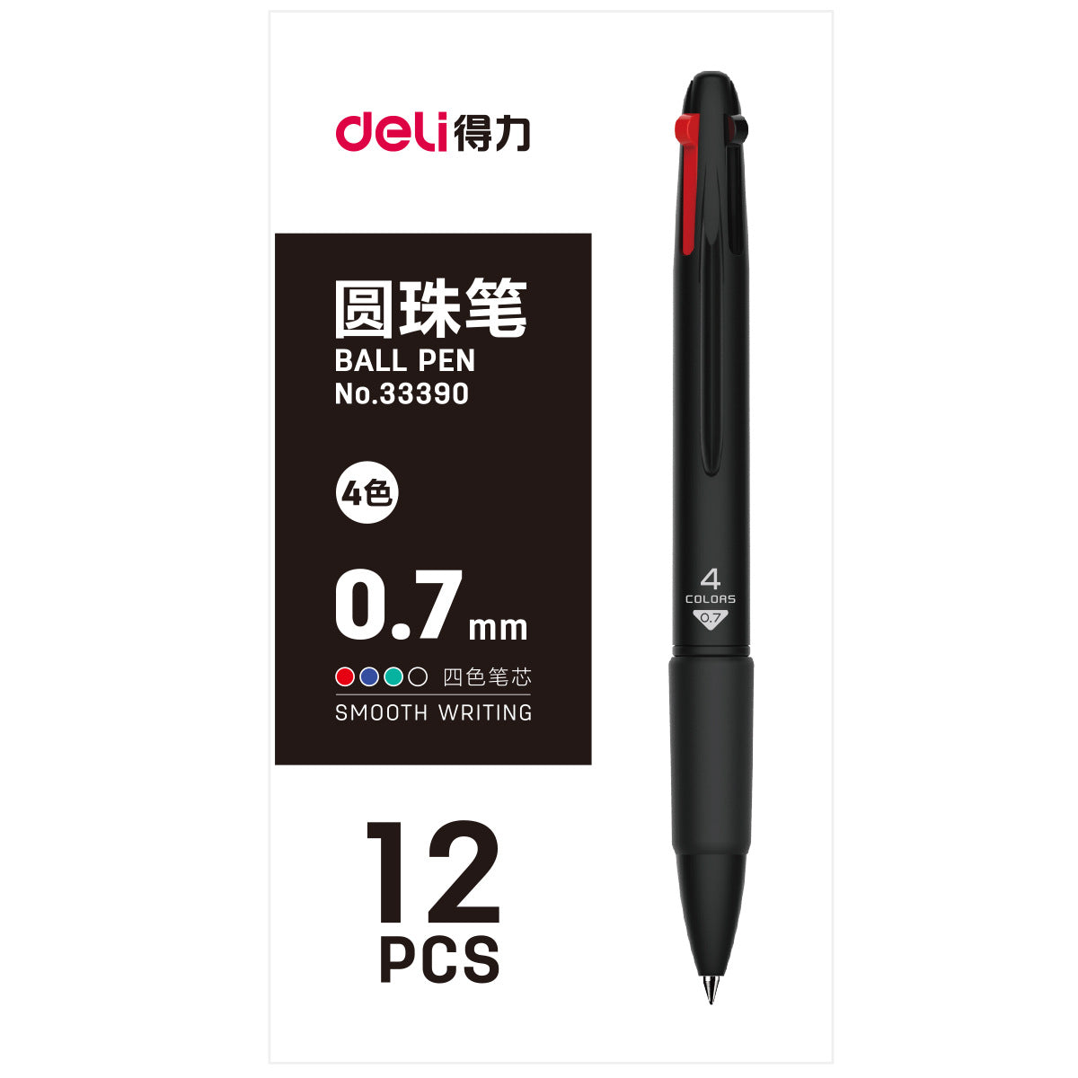 Deli 33390 ballpoint pen four-color press-action ballpoint pen black, red, blue and green core student marker writing pen wholesale
