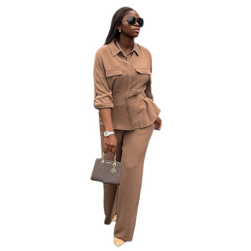 European and american women's clothing  autumn new collection: sweet and fresh turn-down collar patch pocket long sleeve shirt & high-waisted straight-leg pants two-piece set