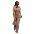 European and american women's clothing  autumn new collection: sweet and fresh turn-down collar patch pocket long sleeve shirt & high-waisted straight-leg pants two-piece set