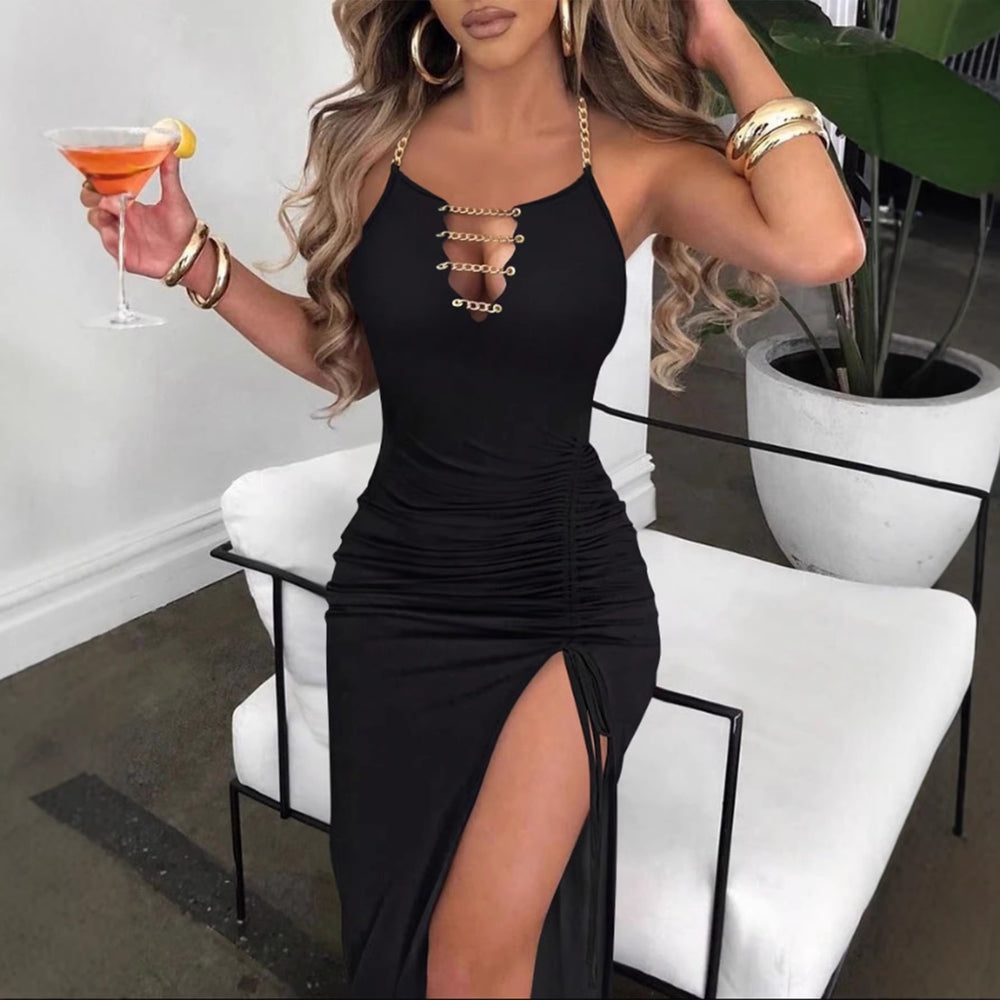 Amazon cross-border women's sexy halter chain slit maxi dress - slim fit drawstring bodycon evening gown