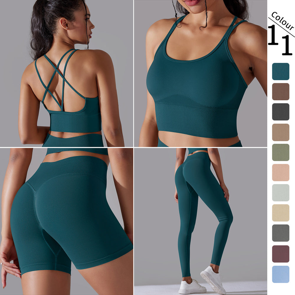 fashion seamless pure color cross back sports bra vest yoga suit running fitness three-piece set