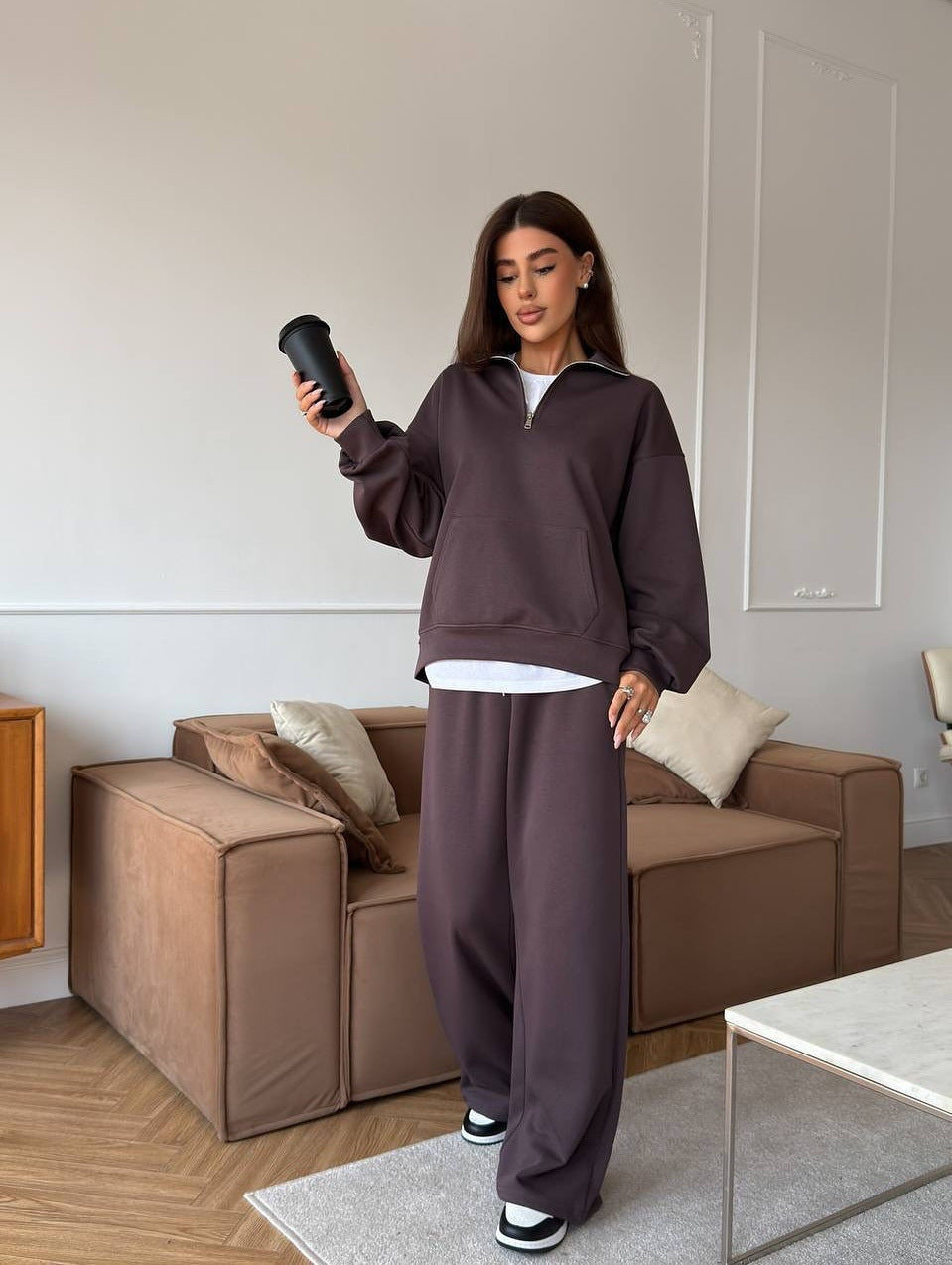 European and American  leisure women's cotton-containing set zipper lapel pullover sweater strap straight wide-leg pants two-piece set