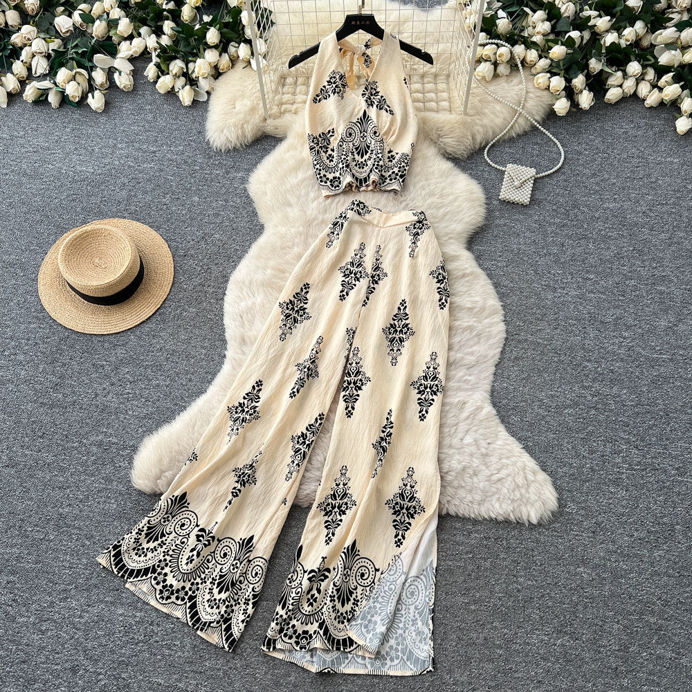 Vacation-style printed halter sleeveless dress women's summer lazy high-waisted wide-leg pants two-piece set - premium feel