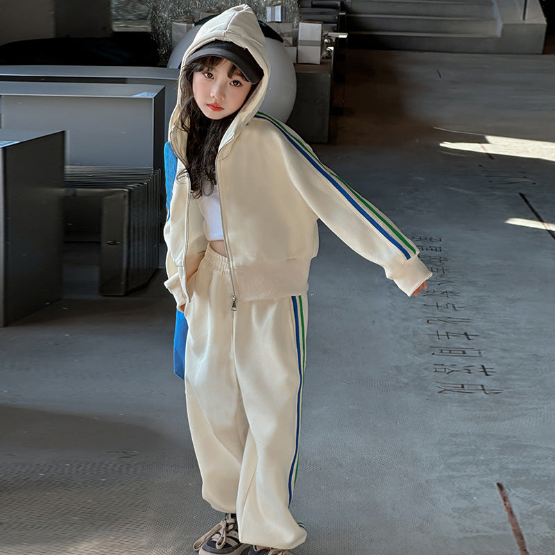 Girls' spring outfit set  new korean style kids' fashionable hooded jacket and sweatpants two-piece trendy set