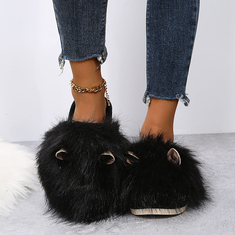cute fur slippers for women 2024fall and winternew arrivalplus sizefleece-lined cotton slippers heattech toe-cap half slippers