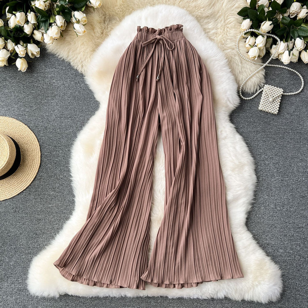 Summer outfit: high-waisted tie-waist casual pants for women - plus size, slimming, flattering, and flowy wide-leg pleated trousers
