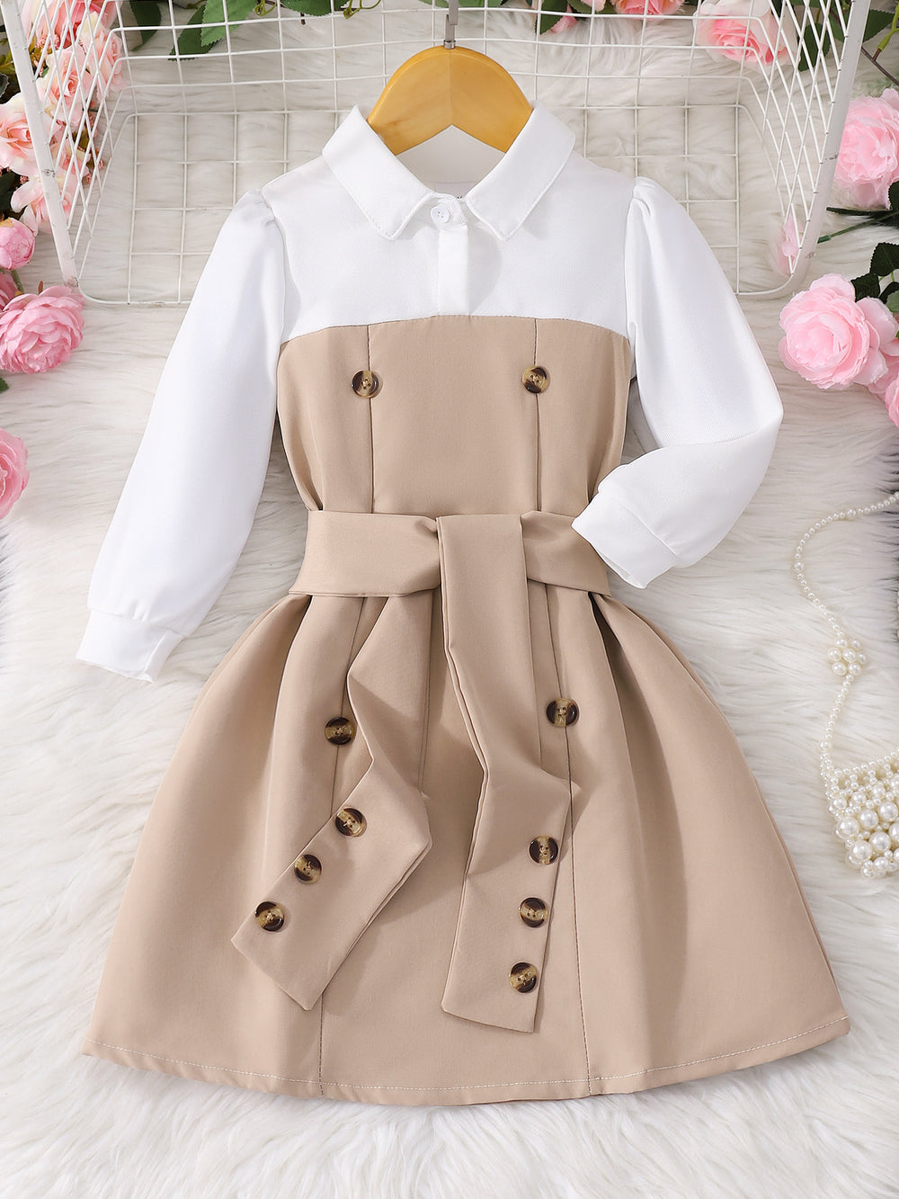 Girls' dress, button-down collar patchwork dress + belt