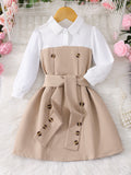 Girls' dress, button-down collar patchwork dress + belt