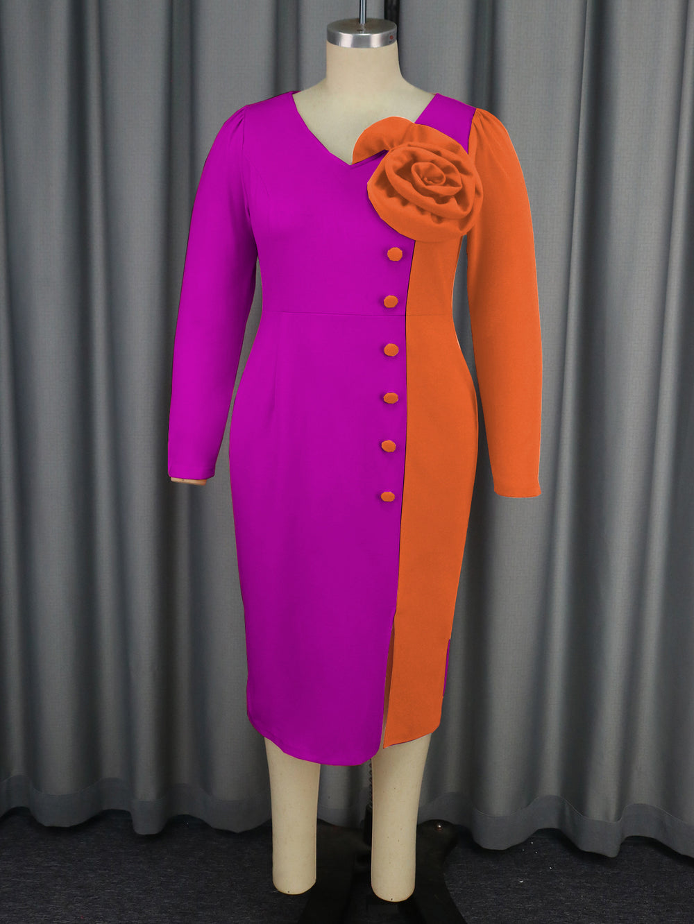 Personalized color block rose print dress - party banquet v-neck long sleeve midi evening gown
