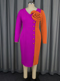 Personalized color block rose print dress - party banquet v-neck long sleeve midi evening gown