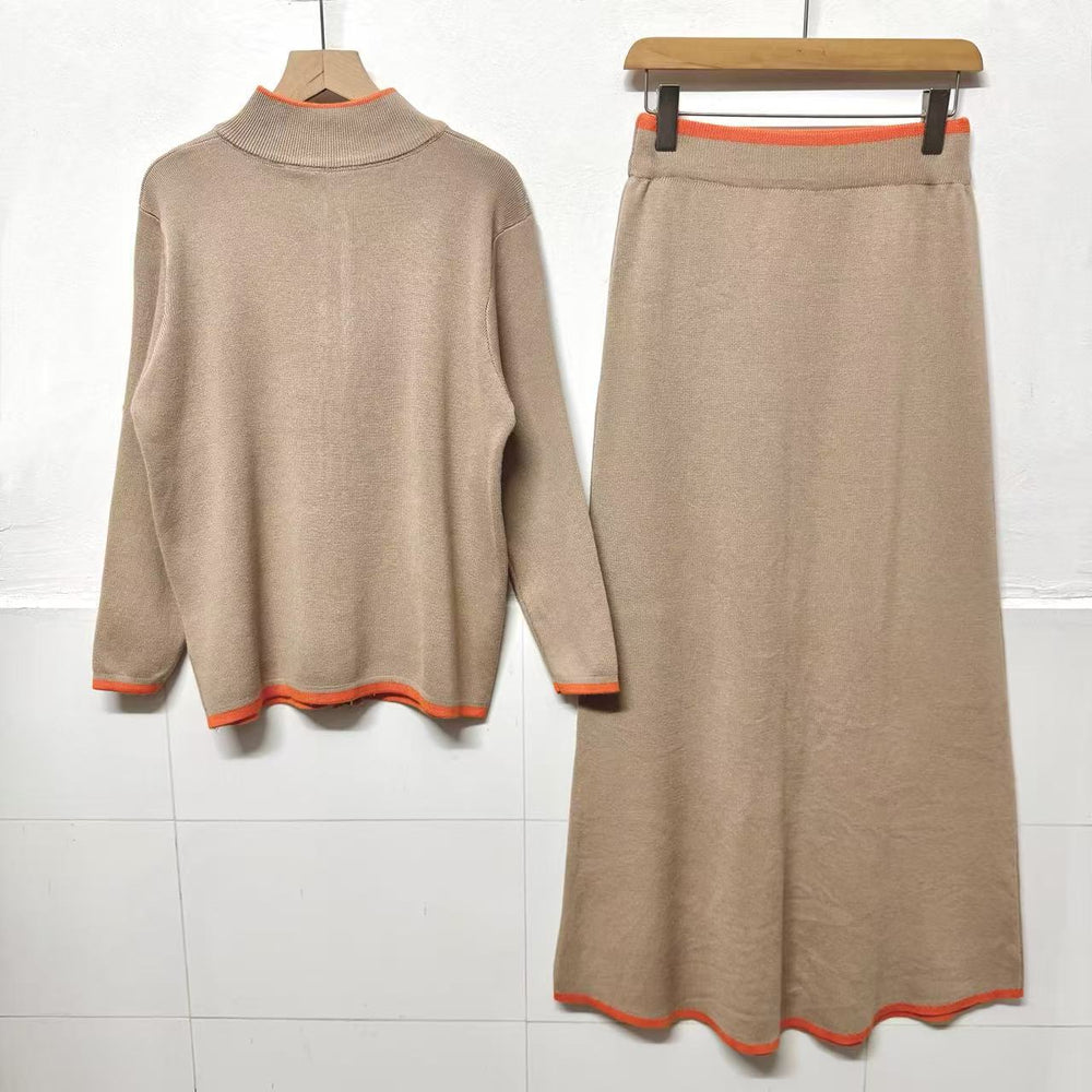 fashion new product creative horse embroiderycontrast colorlong sleeves woolen outwear+casualknitting midi skirttwo-piece set