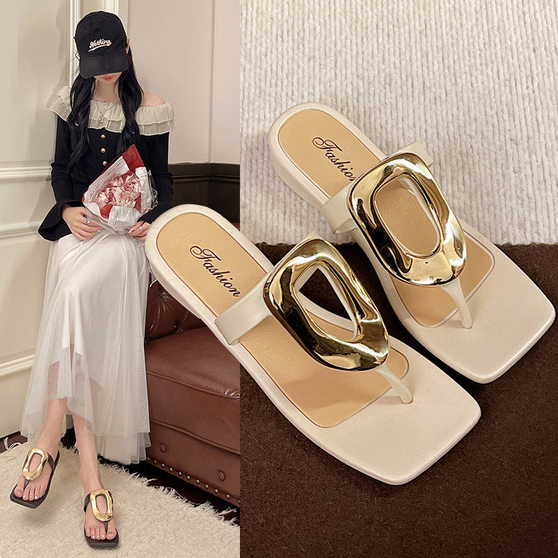 2025 summer new square toe thong sandals - versatile outdoor wear, casual flat sandals with metal buckle, unique women's slippers