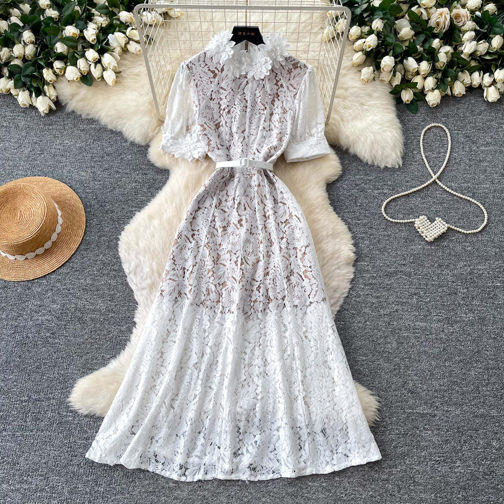 French romantic pink lace dress - women's summer high-waisted a-line maxi dress - commute-friendly, elegant, and chic