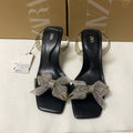 Za new 2024 french square toe stiletto heel pvc patchwork thong sandals with rhinestone butterfly bow and open toe detail for women