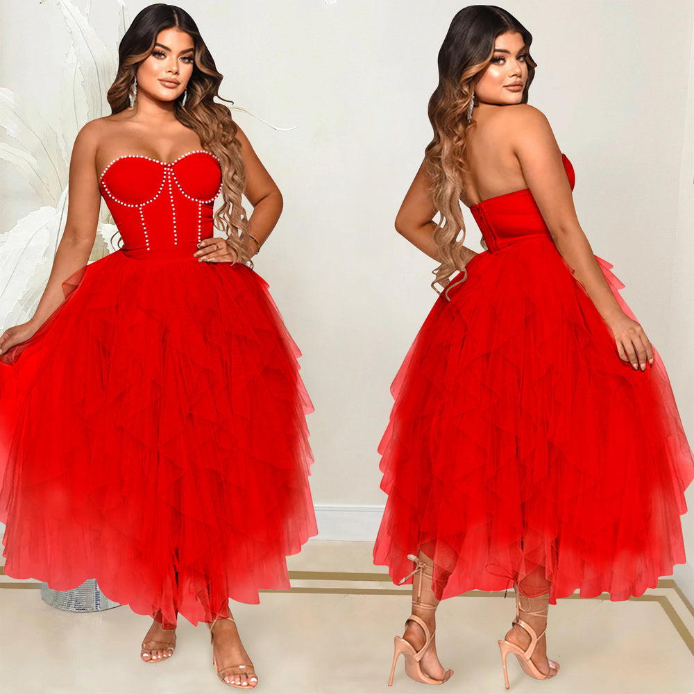 X5709 new arrival:  &  fashionable solid color hotfix rhinestone bandeau fluffy mesh dress - women's apparel
