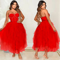 X5709 new arrival:  &  fashionable solid color hotfix rhinestone bandeau fluffy mesh dress - women's apparel