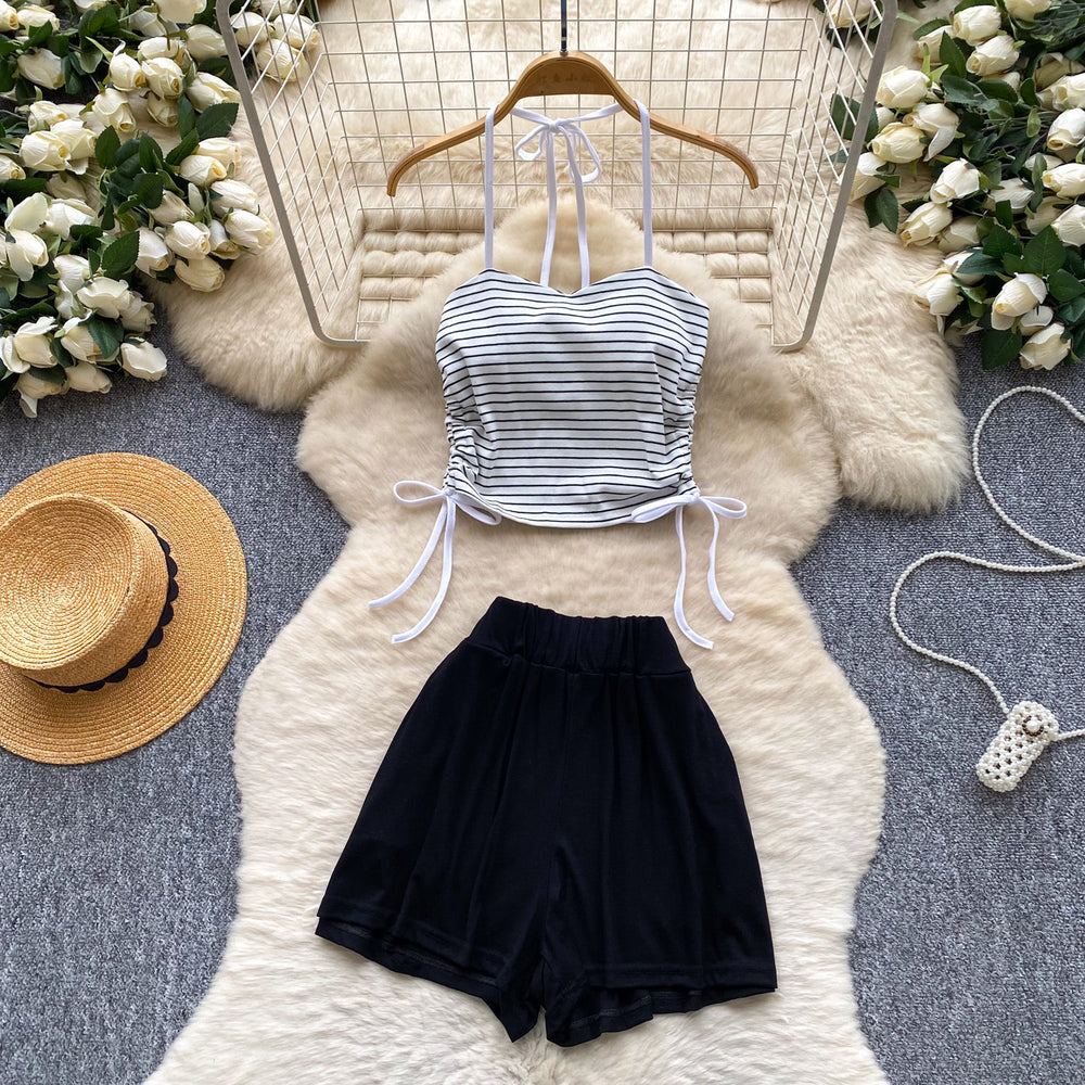 Halter stripes camisole high waistslimming look shortstwo-piece set women's summer silm tube top culottessuit