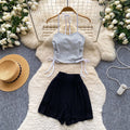 Halter stripes camisole high waistslimming look shortstwo-piece set women's summer silm tube top culottessuit