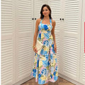 European and american autumn new arrivals: sweet & spicy vacation-ready slim-fit digital print cami dress with lace trim and flowy skirt - premium quality