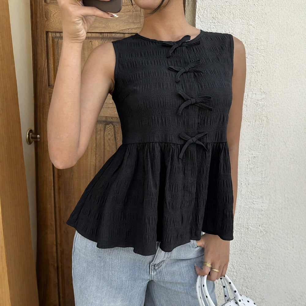 summer new arrival: sleeveless tank top with bow detail, cinched waist, slimming fit, and ruffle hem – a flattering and chic top