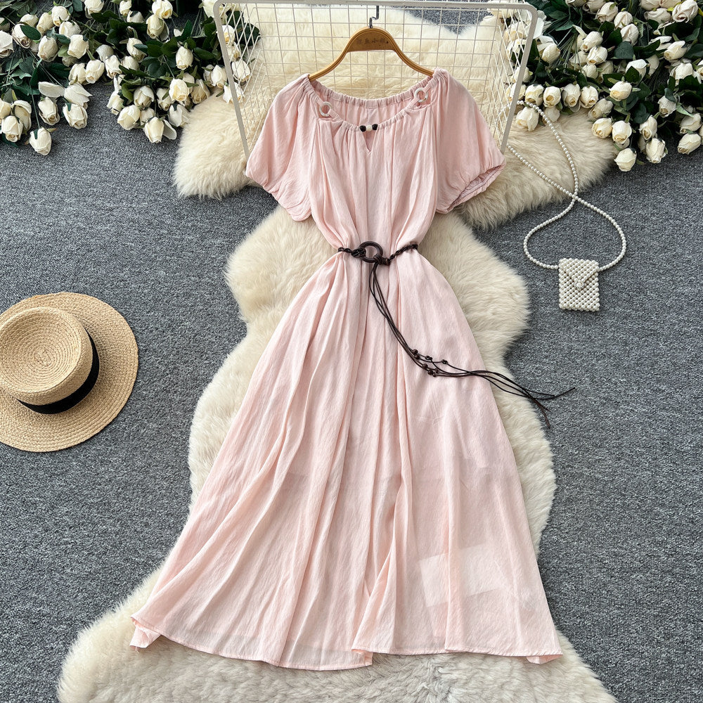 French chic yellow a-line dress - short sleeve, tie-waist, flowy maxi dress for women