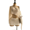 Women's summer sexy vacation see-through asymmetrical one-shoulder long sleeve top with solid color midi skirt (accessories not included)