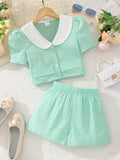 Children's short-sleeved y-neck pure color embossed shortssuit