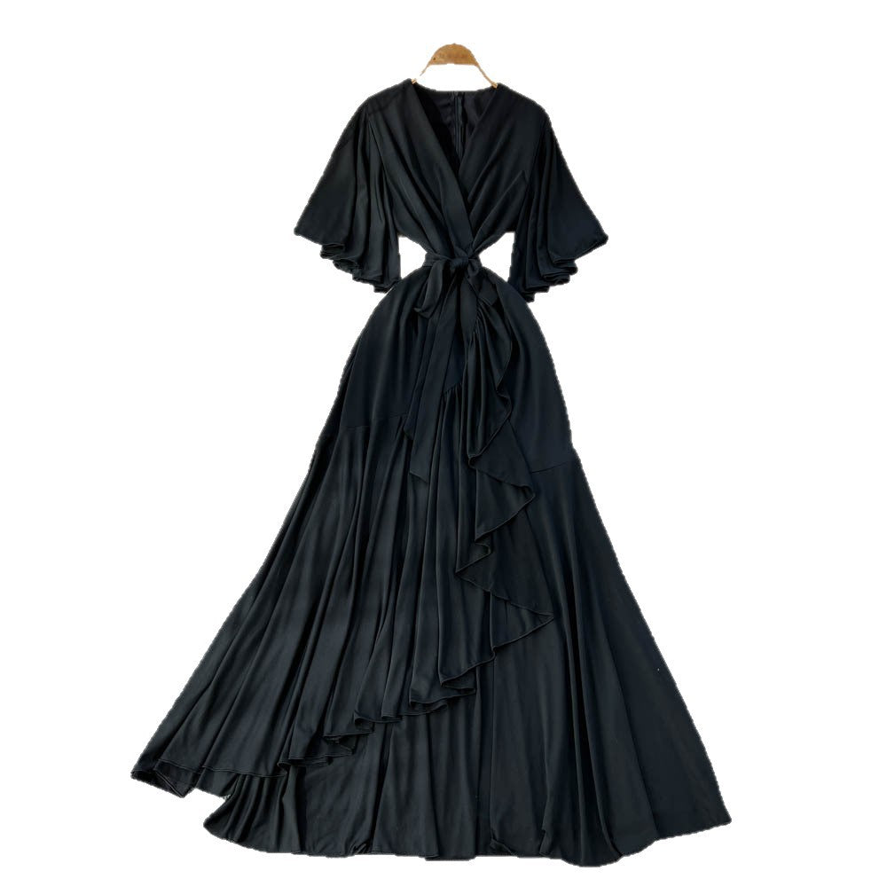 Elegant accessible luxuryclassydressniche stylefrenchfashionv neck bell sleeves tie waist asymmetrical long skirt