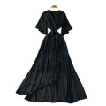 Elegant accessible luxuryclassydressniche stylefrenchfashionv neck bell sleeves tie waist asymmetrical long skirt