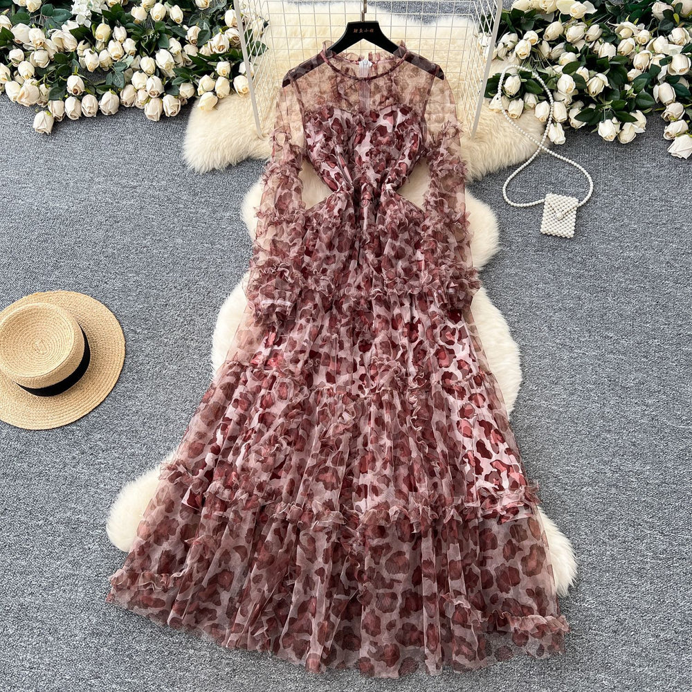 Frenchromantic atmosphere printingdress women's autum mesh fungus edge super fairy beautiful unique long skirt
