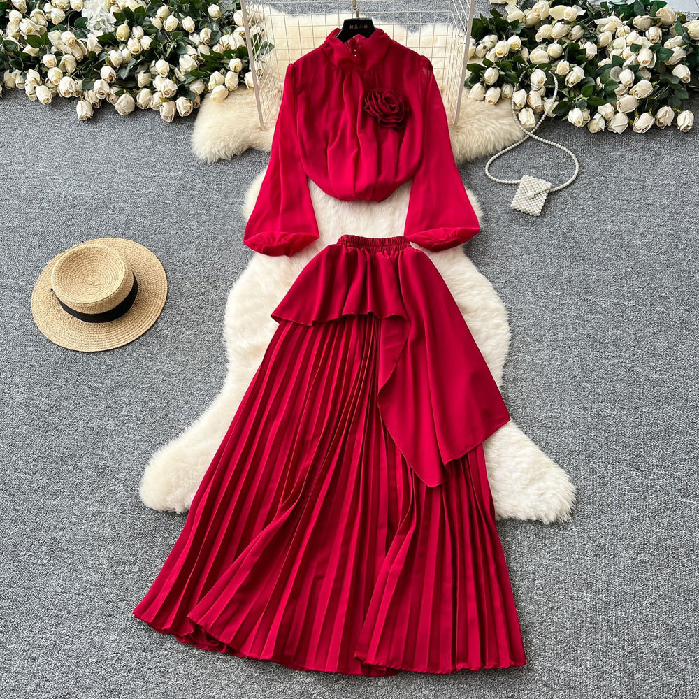 Classy suit women's light mature style elegantstereo flower lantern sleeve chiffon shirt asymmetrical pleated skirt