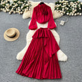 Classy suit women's light mature style elegantstereo flower lantern sleeve chiffon shirt asymmetrical pleated skirt