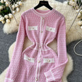 Autumn winternew arrival tweed style round neck pearl button waist contrast colorknittingdress women's long sleeveshigh waista-line skirt