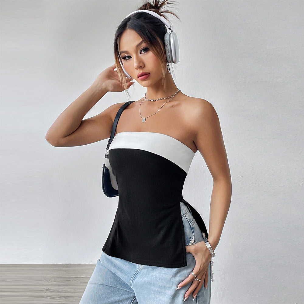 Amazon cross-border women's fashion: european and american sweet & spicy style tank top -  spring/summer new collection - bandeau color block cropped outerwear top