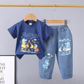 Summer  new arrivals: 0-5 year old kids' cartoon car & animal print crewneck short sleeve & denim pants two-piece cotton set