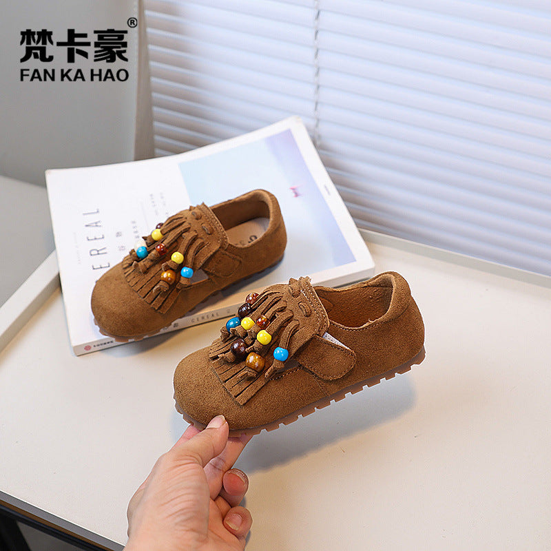 Vancahao kids' tassel birkenstock shoes - new autumn  korean style girls' fashionable colorful beaded casual single shoes