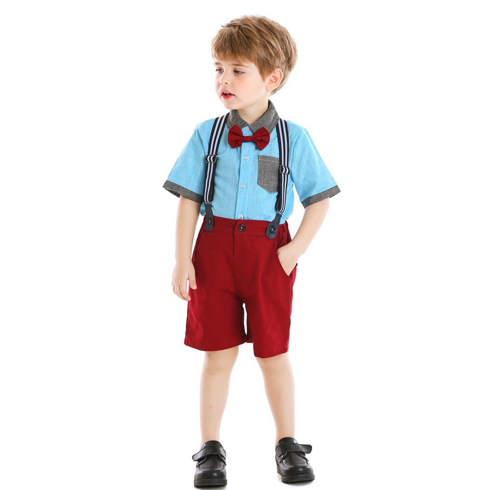 European and american summer cross-border children's clothing: boys' color block short-sleeve overalls, kids' outfit, birthday dress