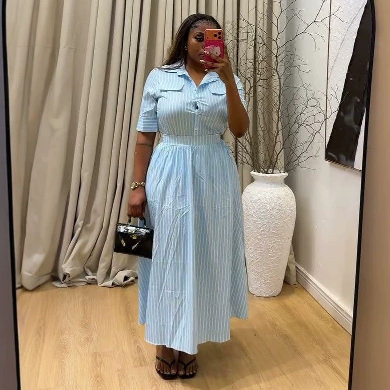 European and american cross-border women's fashion:  summer new collection - stylish turn-down collar striped short-sleeve shirt and high-waisted midi skirt set