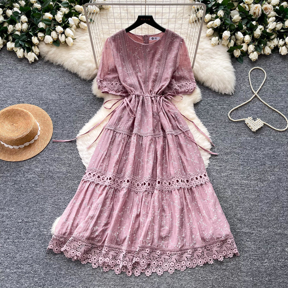 French chic a-line dress - women's summer korean style short sleeve waist-defining lace trim maxi dress