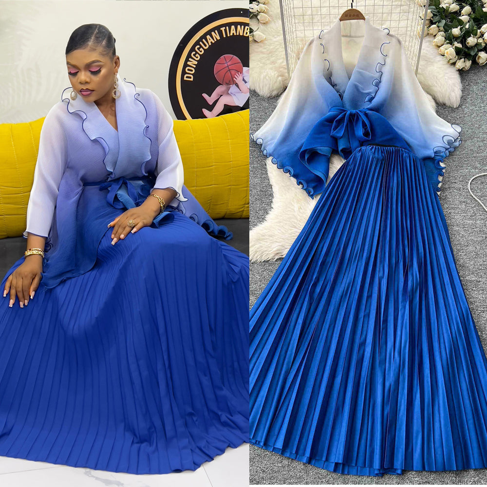Fashion pleated suit women's strappy waist gradient color pressed pleated cardigantopshigh waistpleated skirttwo-piece set