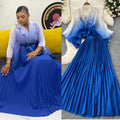 Fashion pleated suit women's strappy waist gradient color pressed pleated cardigantopshigh waistpleated skirttwo-piece set