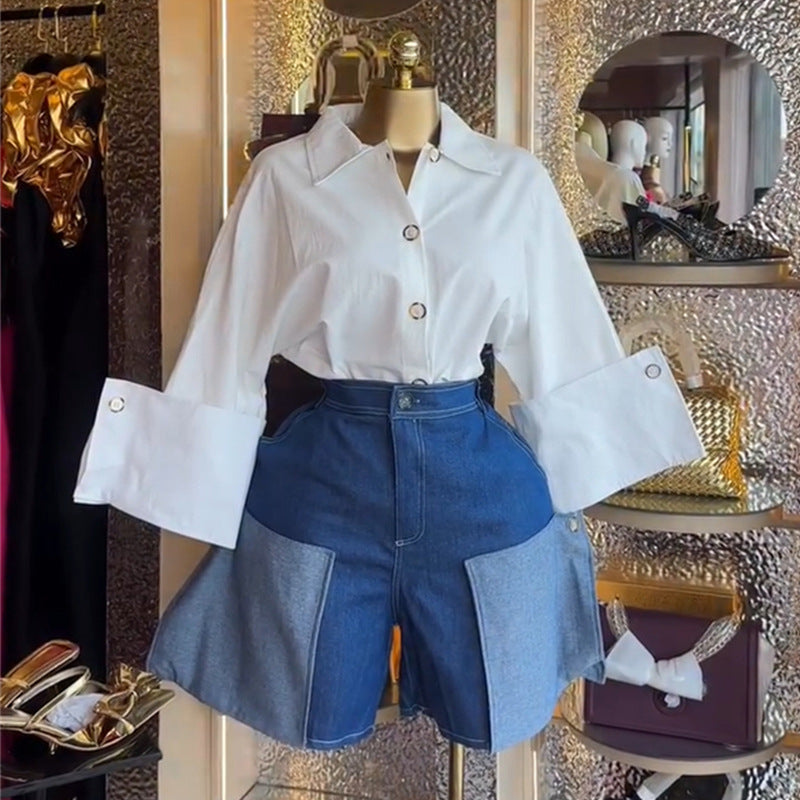 European and american cross-border women's fashion:  summer new arrival - stylish turn-down collar, unique design, versatile solid color blouse