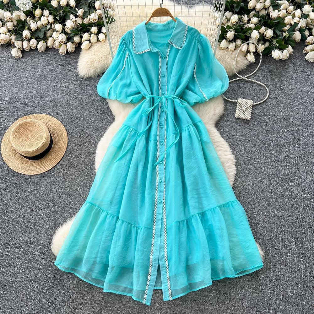 French gentle style elegant lapel lantern sleeves tie back waist single-breasted dress female super fairy slimming look long skirt