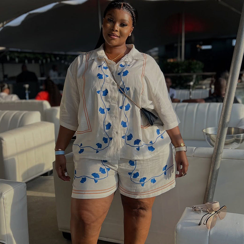 European and american style women's clothing  autumn new collection: sweet and fresh printed turn-down collar short-sleeve shirt and high-waisted straight-leg pants two-piece set