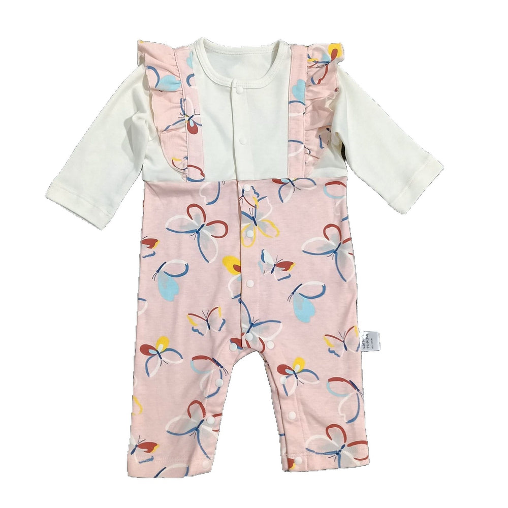 Baby girl's pure cotton butterfly romper with ruffle trim, color-blocked long sleeves, snap closure, easy to put on and take off, perfect for outings and tummy time