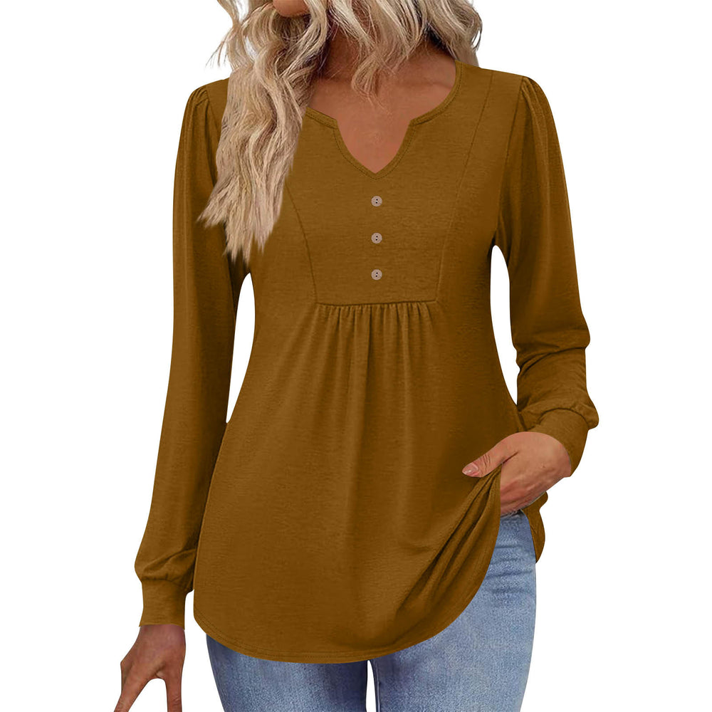 cross-border  women's casual solid color v-neck loose button-down long sleeve t-shirt top