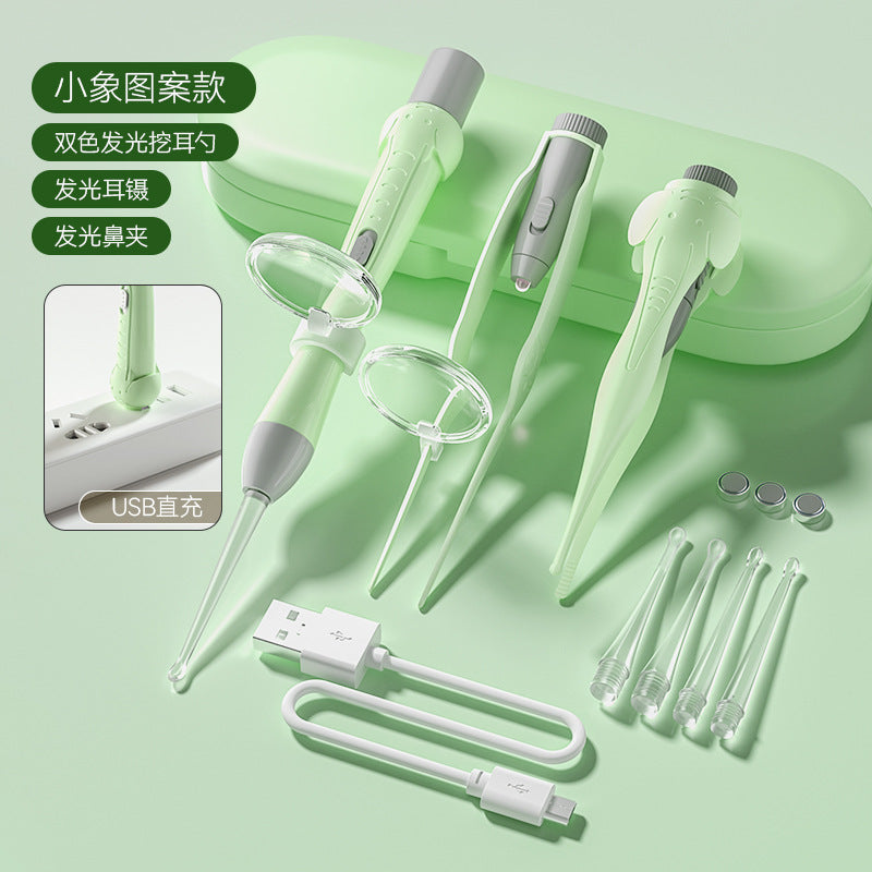 New arrival luminous ear scoop baby with light rechargeable ear scoop set kids adult tweezers ear picking earwax ear