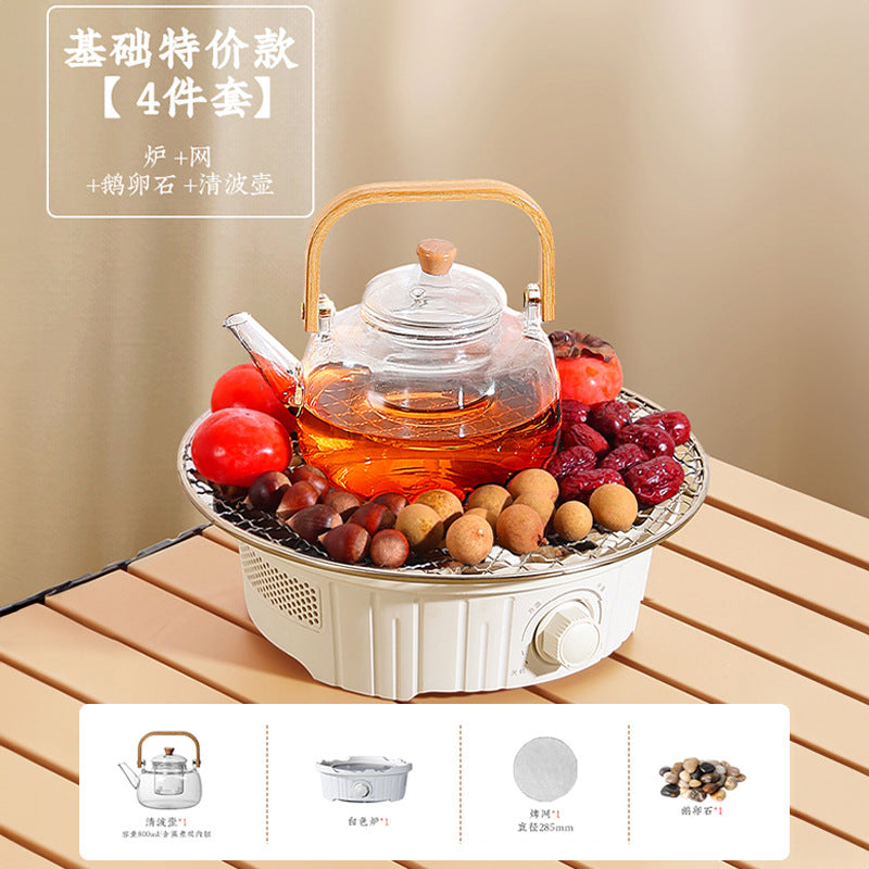 Electric ceramic stove tea set - complete tea brewing kit for home use: includes glass teapot, electric oven, tea cups, fruit plate, and tea accessories