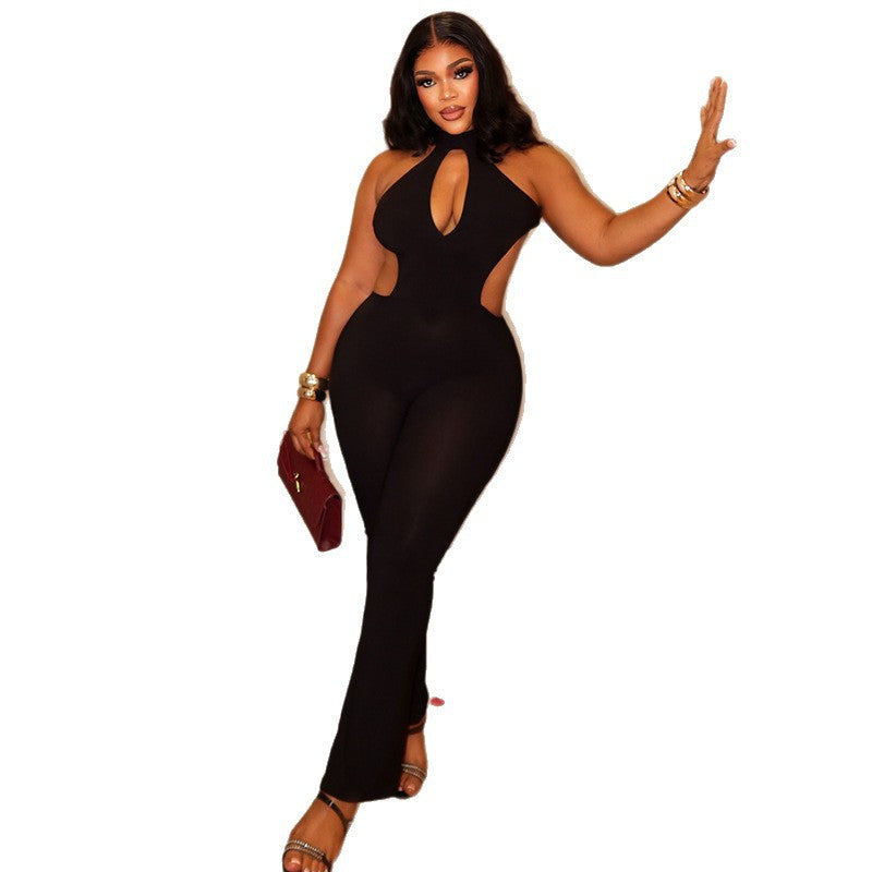 Fashion style cross-border women's clothing design cut outsilm halter jumpsuit pure colorbacklesssexy hip-covering long jumpsuit